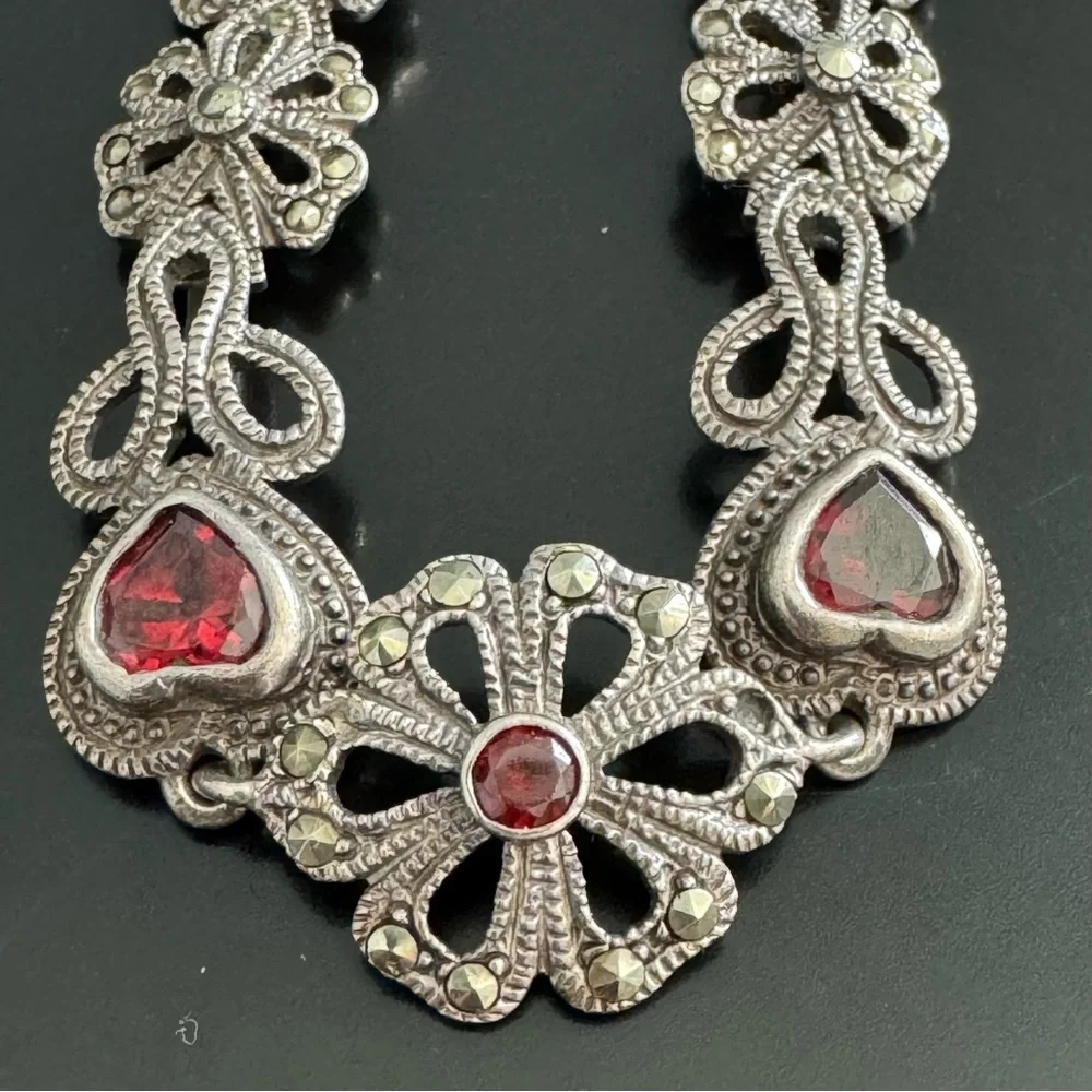 Vintage Sterling Silver Garnet and Marcasite Heart and Flowers Bracelet